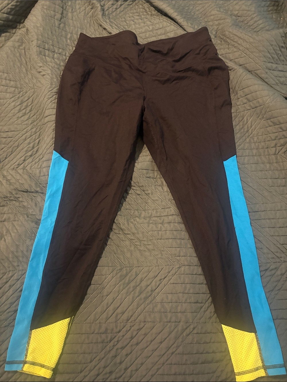 Black Athletic Leggings with Blue and Yellow Panels